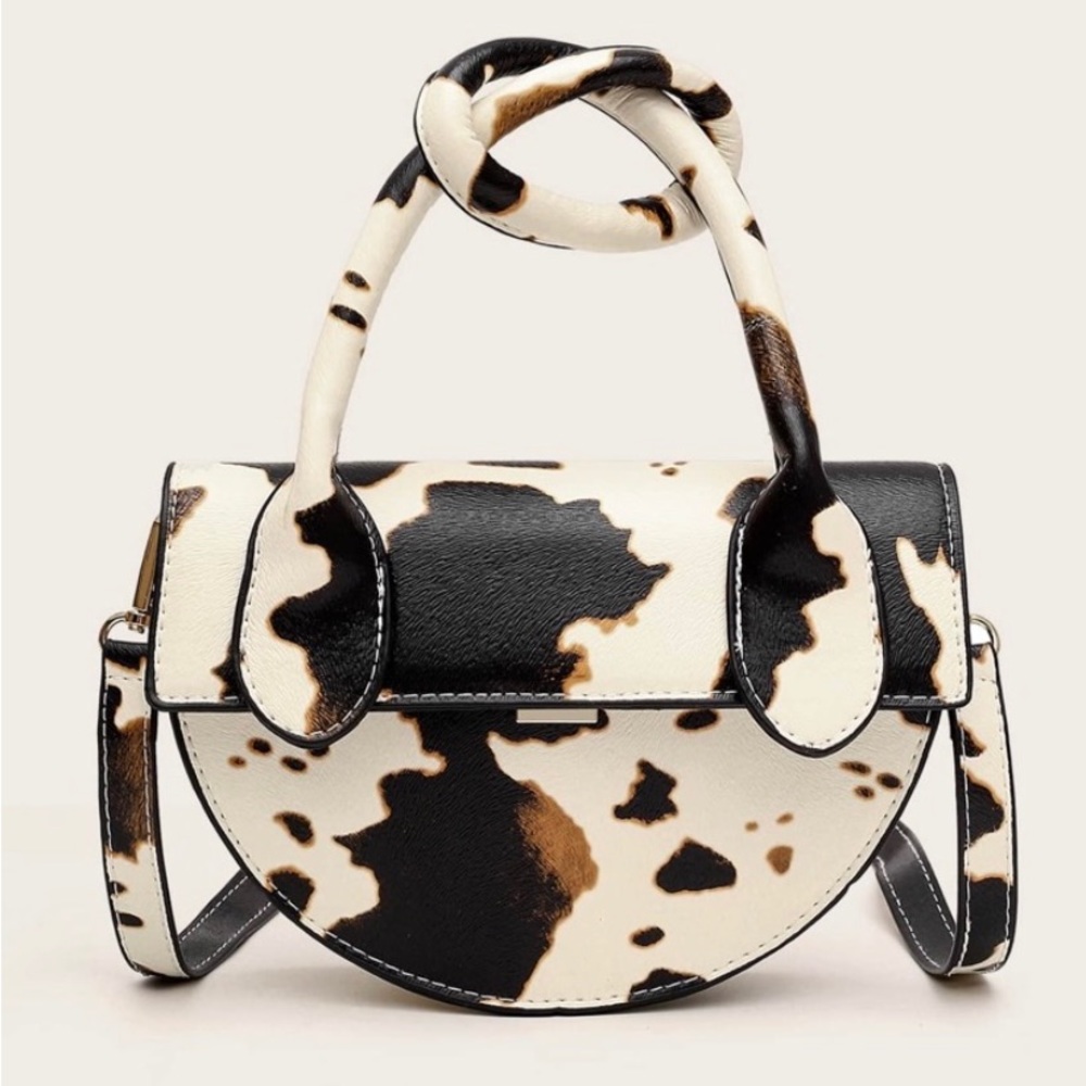 Cow Print Half-Moon Top-Handle Bag - Black & Cream